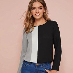 NEW BOUTIQUE WOMENS COLORBLOCK BLOUSE BLACK TOP